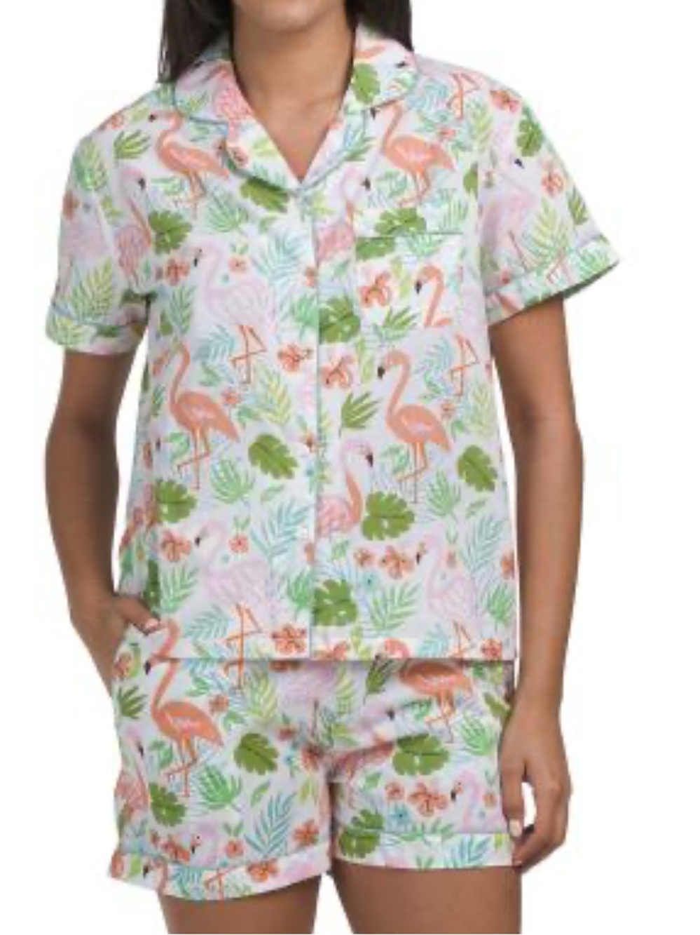 Mahogany Flamingo tropical Print M Short cotton pockets drawstring Pajama Set